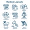 Medical Lawsuits with Pharmaceutical, negligence, & medical malpractice icon set