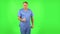 Medical man threatens with a finger and waves her head negatively. Green screen