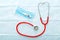 Medical mask thermometer red stethoscope, Surgical protection face mask on blue background. Doctors professional equipment.