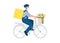 Medical masked volunteer driving bicycle. Social worker delivers package, flowers. Senior care. Courier man with parcel