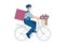 Medical masked volunteer driving bicycle. Social worker delivers package, flowers. Senior care. Courier man with parcel