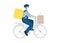 Medical masked volunteer driving bicycle. Social worker delivers package, flowers. Senior care. Courier man with parcel
