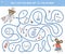 Medical maze for children. Preschool medicine activity. Funny puzzle game with cute doctor bear, ill mouse, pills, med equipment.