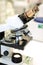 Medical microscope. Professional pharmaceutical microscope. Study of the properties of the drug when increasing. The