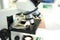 Medical microscope. Professional pharmaceutical microscope. Study of the properties of the drug when increasing. The