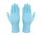 Medical nitrile gloves.Two blue surgical gloves isolated on white background with hands. Rubber glove manufacturing, human hand is