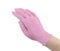 Medical nitrile gloves.Two pink surgical gloves isolated on white background with hands. Rubber glove manufacturing, human hand