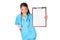 Medical nurse or doctor Asian woman showing blank clipboard sign isolated on white background smiling in blue scrubs for