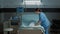 Medical nurse organizing blanket and pillow on hospital bed