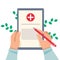 Medical opinion. The doctor writes a prescription for treatment. Vector illustration in a flat style.