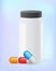 Medical Painkillers, antibiotics, vitamins, amino acids, minerals.bottle. Icons of medicament. Medical illustration on