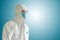 Medical personnel in half protective clothing uniform PPE suit and Surgical mask or hygienic mask N95 isolated on blue background