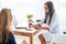 Medical physician doctor woman writing prescription taking notes in office and patient.