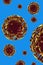 Medical picture group of red yellow covid-19 cell isolated on blue background, corona virus 3d rendering human healthcare