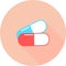 Medical pill in circle icon with long shadows. Medicine, pharmacy, hospital of drugs. Medication, pharmaceutics concept. Vector il