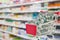 Medical pills capsule in shopping cart with pharmacy drugstore shelves