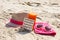 Medical pills, carrot juice and accessories for sunbathing at beach, vitamin A and beautiful, lasting tan