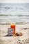 Medical pills, carrot juice and sunglasses at beach, vitamin A and beautiful, lasting tan