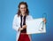 Medical practitioner woman showing blank board and stethoscope