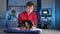 medical procedure of measuring temperature of Yorkshire terrier in vet clinic