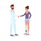 Medical prosthetics flat vector illustration. Smiling young doctor and happy patient with prosthesis characters. Woman
