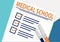 Medical School or planning icon concept. All tasks are completed. Paper sheets with check marks, abstract text and marker.