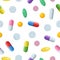 Medical seamless pattern with color pills, tablets and capsules on white. Pharmacology with pharmaceuticals. Medicine