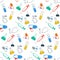 Medical seamless pattern with a syringe, stethoscope, test tube, bulb, pill. Painted. Vector.