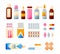 Medical set: tablets, syrups, drops, ointments, equipment. Healthcare, medical help.