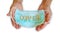 Medical shielding bandage mask with text COVID in people hands holding on white background