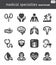 Medical specialties. Healthcare flat icons. Black