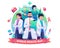 A medical staff group of doctors and nurses standing in front of the globe earth celebrating world health day. vector illustration