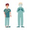Medical staff in protective overalls, suits, protective masks, vector cartoon