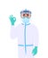 Medical staff in protective suit showing okay, OK gesture sign. Doctor wearing face shield, gloves and gesturing hand. Physician