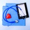 Medical stethoscope, patient medical history list, RX prescription, red heart and blue doctor uniform closeup. Medical