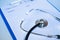 Medical stethoscope Put on a medical prescription Blue tone Concepts of medicine Prescription Medical care Life insurance
