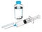 Medical syringe with blue needle and small glass vial of medicine vaccine - closeup shot