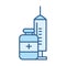 Medical syringe and bottle medicine equipment line fill blue icon