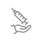 Medical syringe on hand line icon. Make an injection , vaccination, preventive measures, immunization