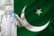 Medical syringe for injection in the hands of a doctor against the background of the national flag of Pakistan, the concept of