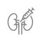 Medical syringe and kidneys line icon. Vaccination, injection, anesthesia, kidney biopsy symbol