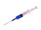 Medical syringe with a sharp needle, blue content, isolate