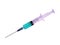 Medical syringe with a sharp needle, light blue content, isolate