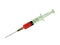 Medical syringe with a sharp needle, red content, isolate