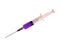 Medical syringe with a sharp needle, violet content, isolate