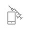 Medical syringe and smartphone line icon. Vaccination, attention, vaccination information, immunization