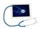 Medical tablet with ECG and blue stethoscope
