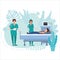 Medical team nurse and doctor consulting patient young men in a medical bed floral background. Hospitalization of the