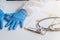 The medical team wore a coronavirus protective suit and rubber gloves to examine the coronavirus covid-19 and research for a