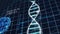 Medical tech spiral DNA Chromosome laboratory and virus analysis on green grid background. Abstract hologram HUD interface and